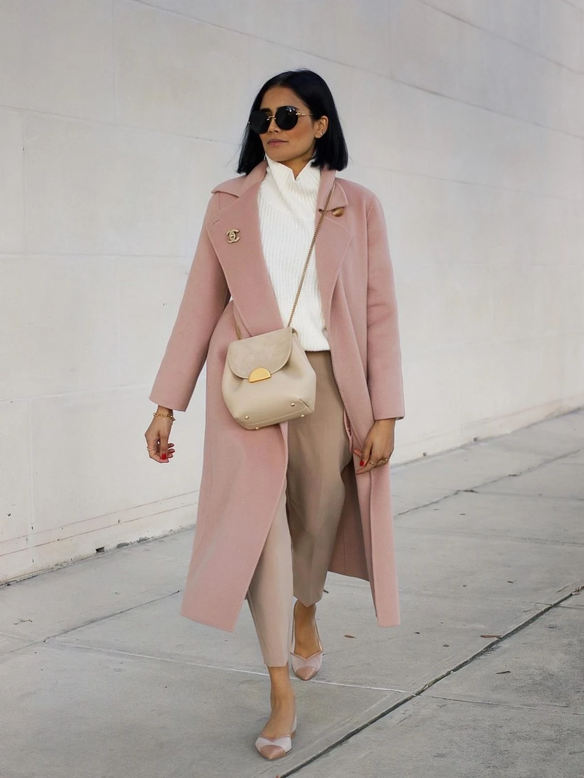 Blush Pink Coat Outfit with Cream Turtleneck Beige Trousers