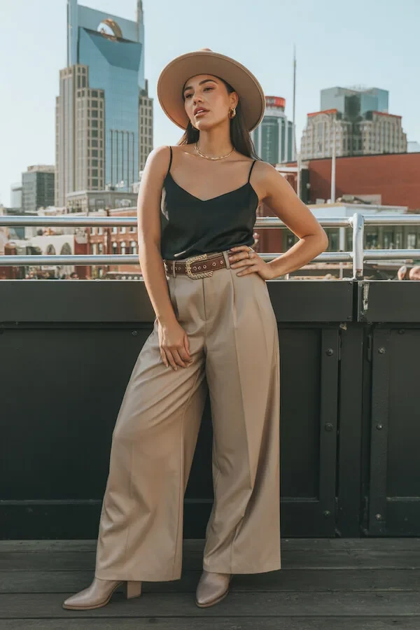 Black Satin Camisole with Khaki Wide-Leg Trousers and Western Belt