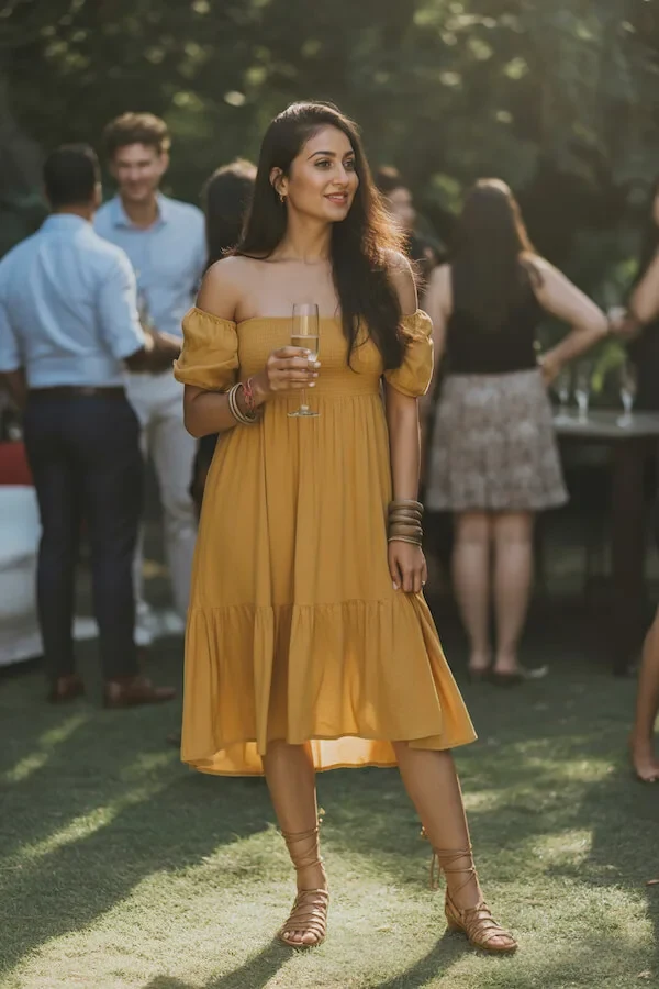 Mustard Yellow Off-Shoulder Tiered Midi Dress with Strappy Sandals