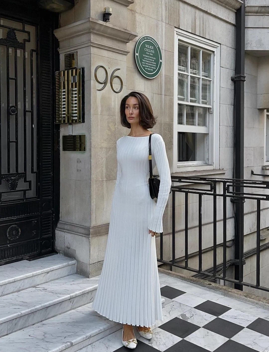 White Ribbed Knit Midi Dress Outfit with Ballet Flats