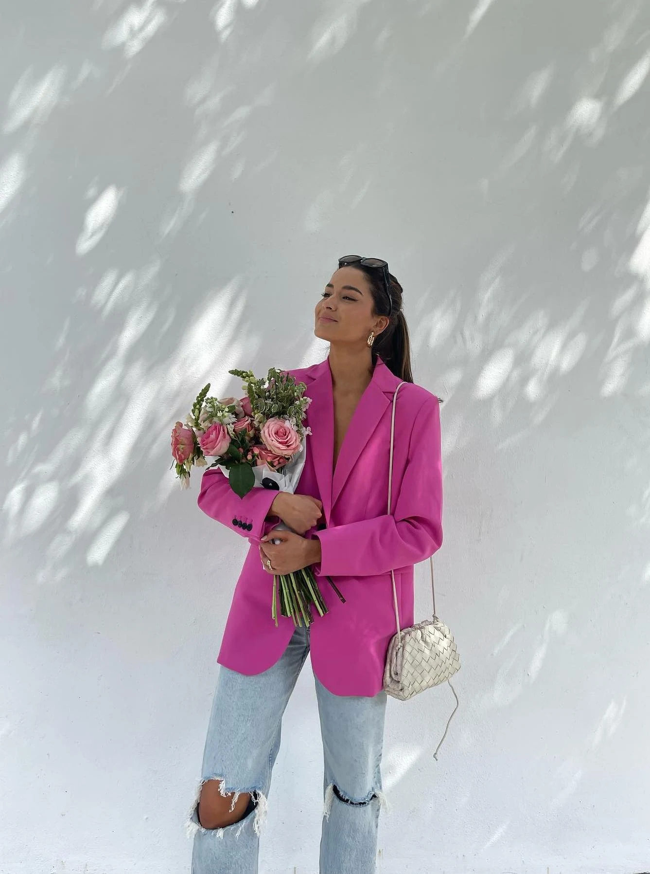 Hot Pink Blazer Outfit with Distressed Jeans