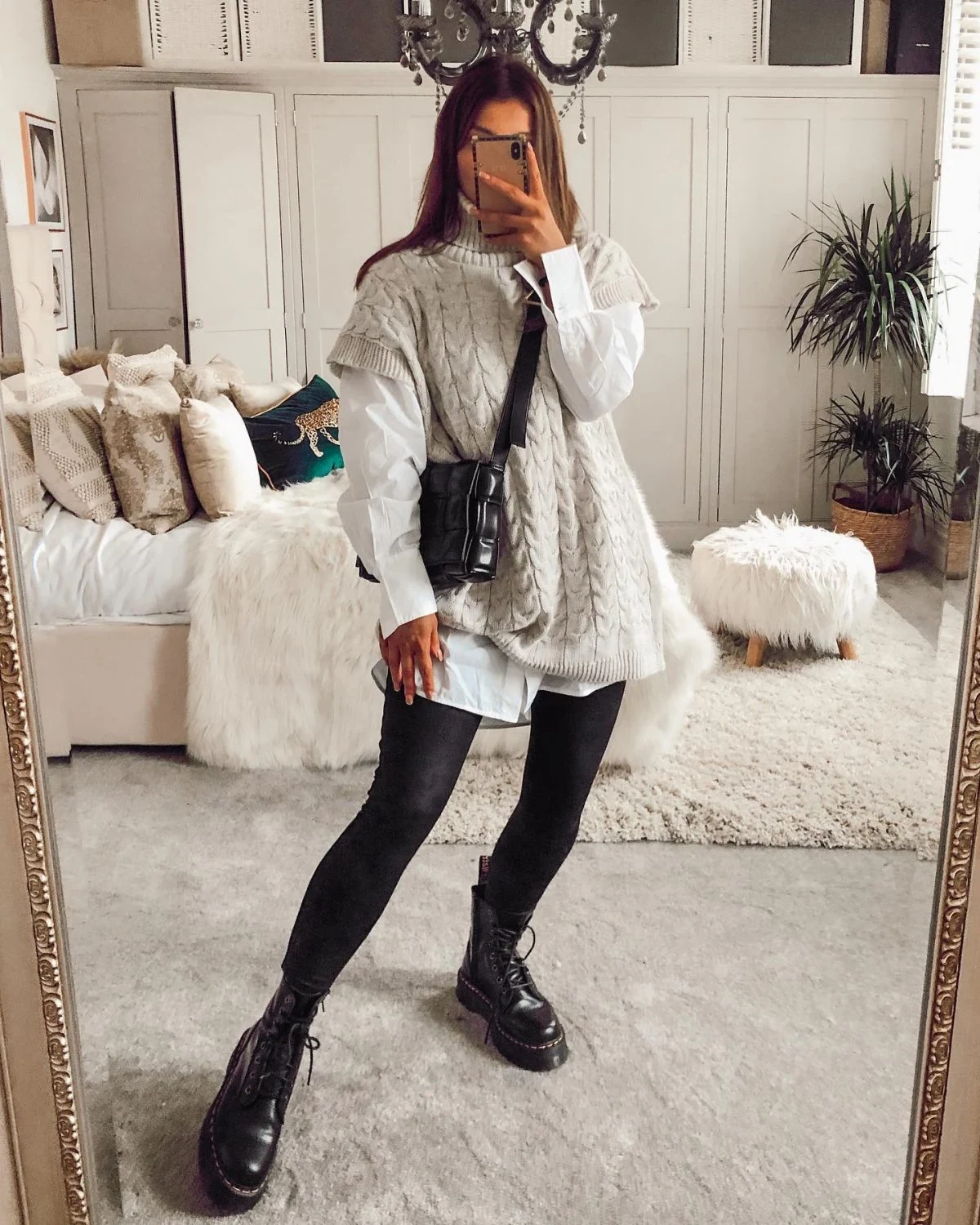 Oversized Cable Knit Vest Outfit with White Shirt and Black Jeans