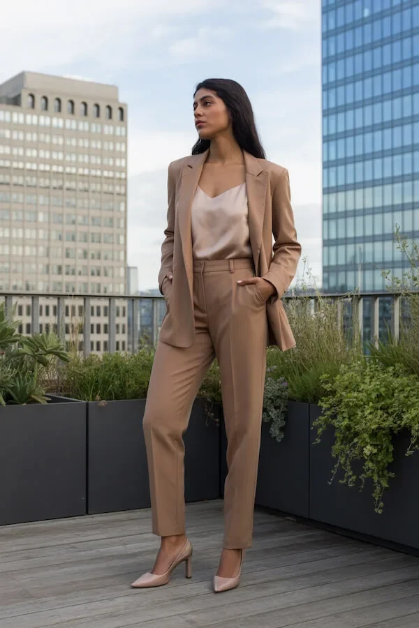 Camel Tailored Blazer and Trouser Suit with Silk Camisole