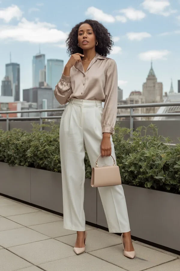 Ivory Silk Blouse and High-Waist Pleated Trousers with Nude Accessories