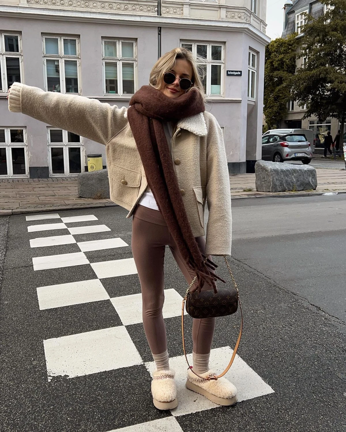Cream Teddy Jacket Outfit with Brown Leggings