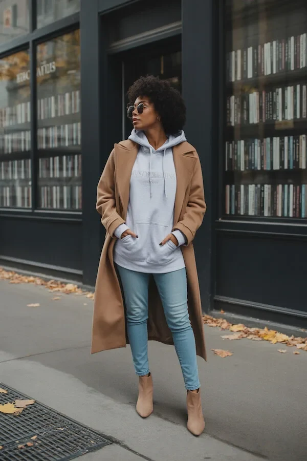Camel Coat White Hoodie Light Blue Jeans Outfit