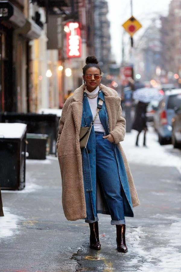 Teddy Coat Denim Jumpsuit Outfit for Winter