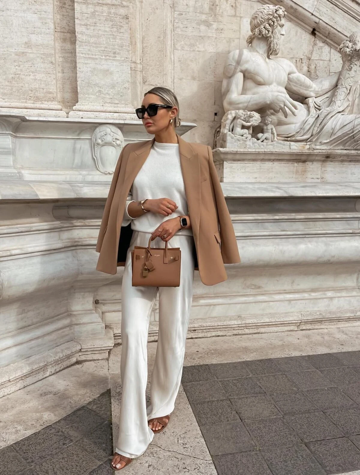 Camel Cape Blazer Outfit with Ivory Wide-Leg Trousers