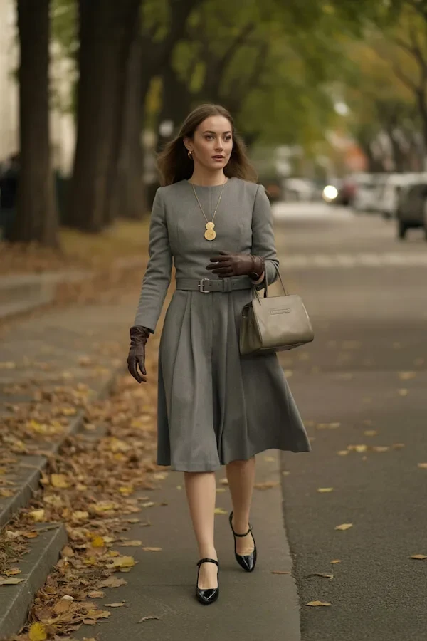 Sage Green Belted Midi Dress with Statement Pendant Necklace