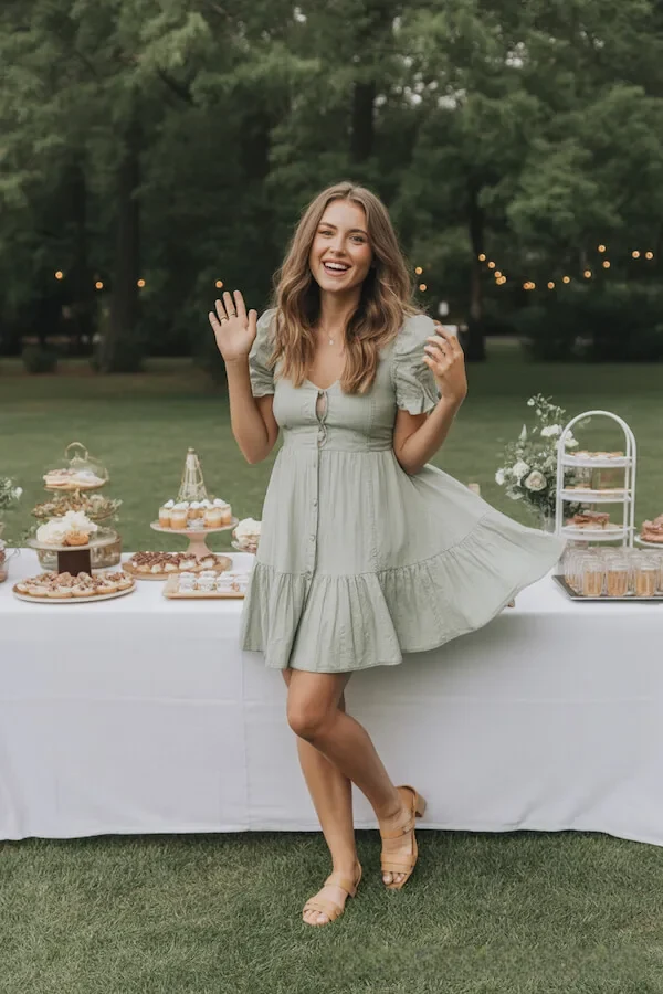 Sage Green Puff Sleeve Mini Dress with Tiered Skirt for Garden Party