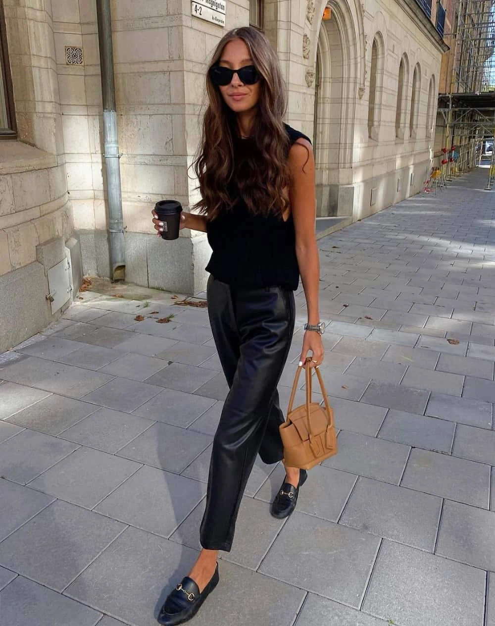 Black Leather Trousers Outfit with Sleeveless Top