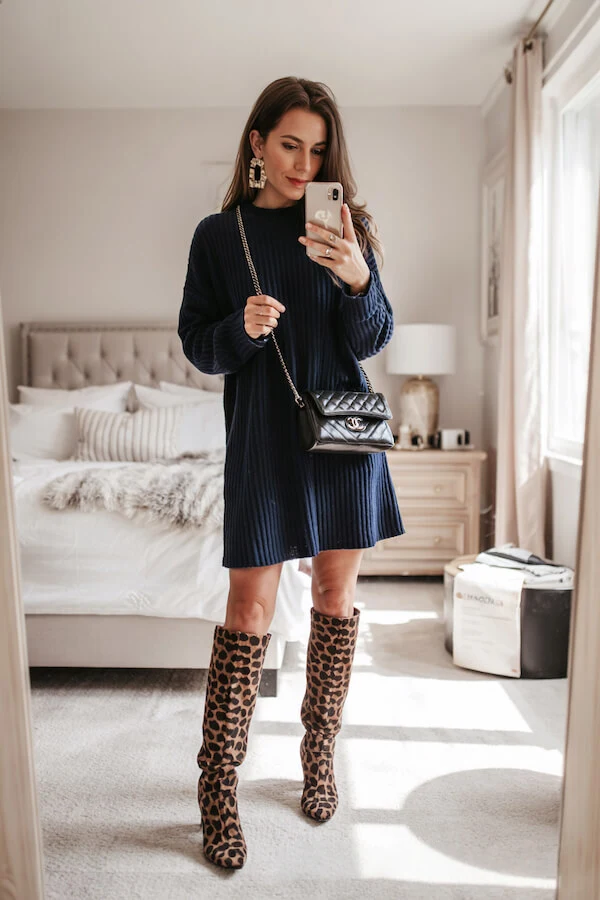 Navy Knit Dress Outfit with Leopard Knee-High Boots