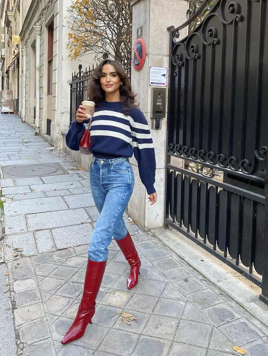 Navy Striped Sweater Red Knee-High Boots Outfit