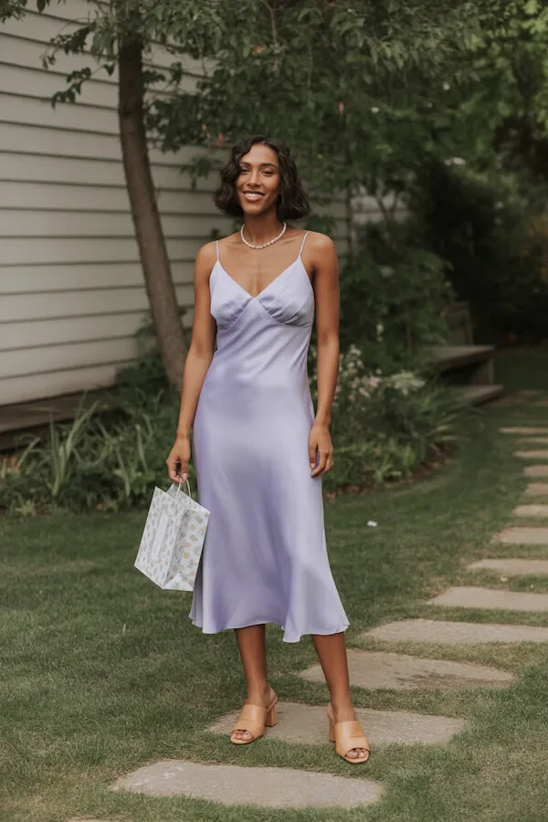 Lavender Satin Slip Dress with Pearl Necklace and Nude Sandals