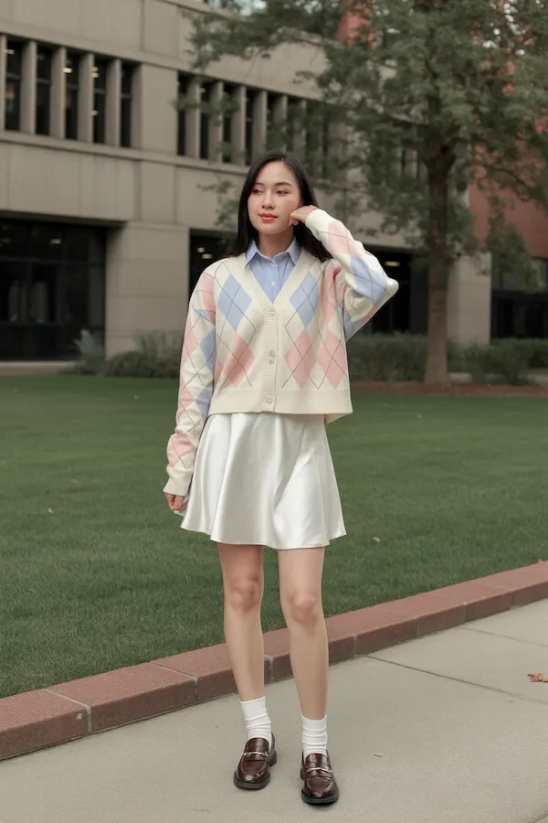 Argyle Sweater Vest Outfit with White Tennis Skirt