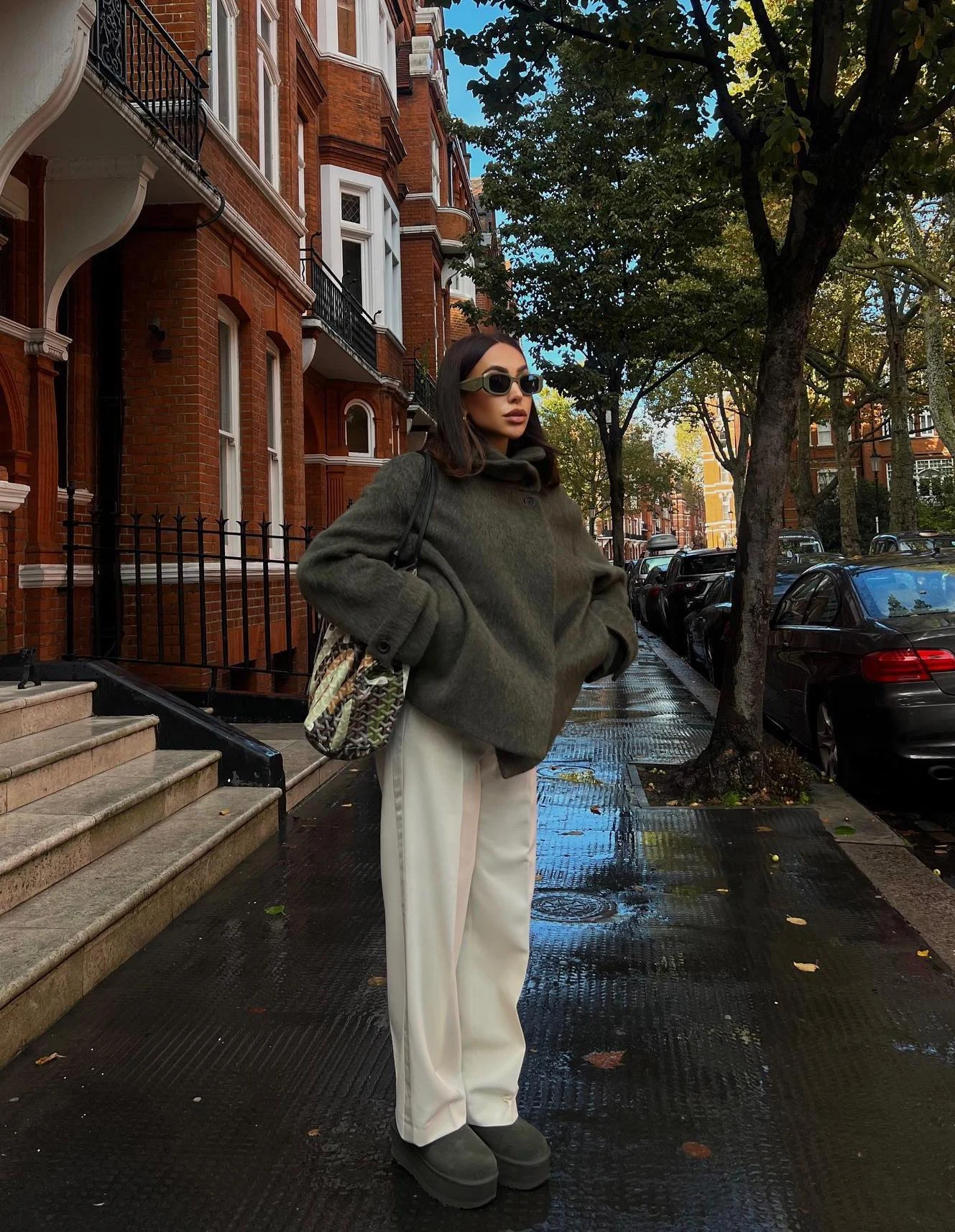 Olive Green Sweater Outfit with Cream Wide-Leg Trousers