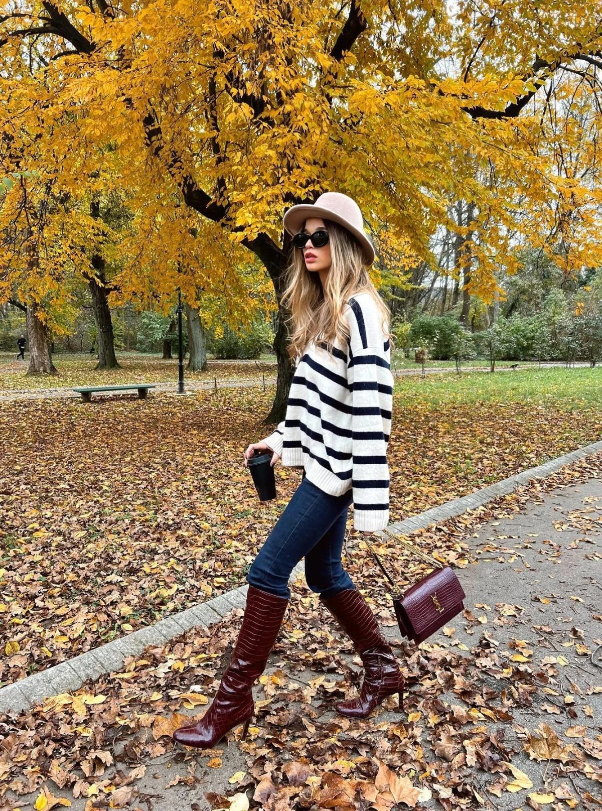 Black and White Striped Sweater Burgundy Boots Fall Outfit