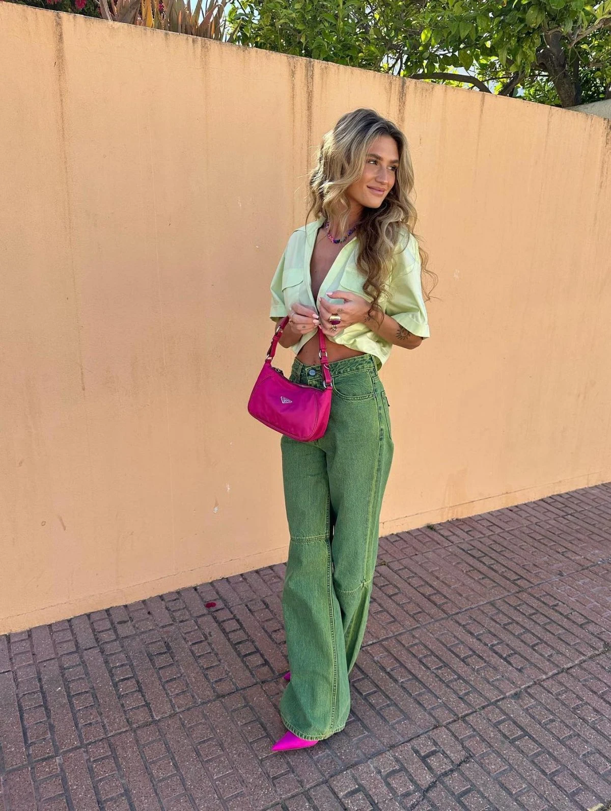 Lime Green Shirt Outfit with Green Wide-Leg Jeans