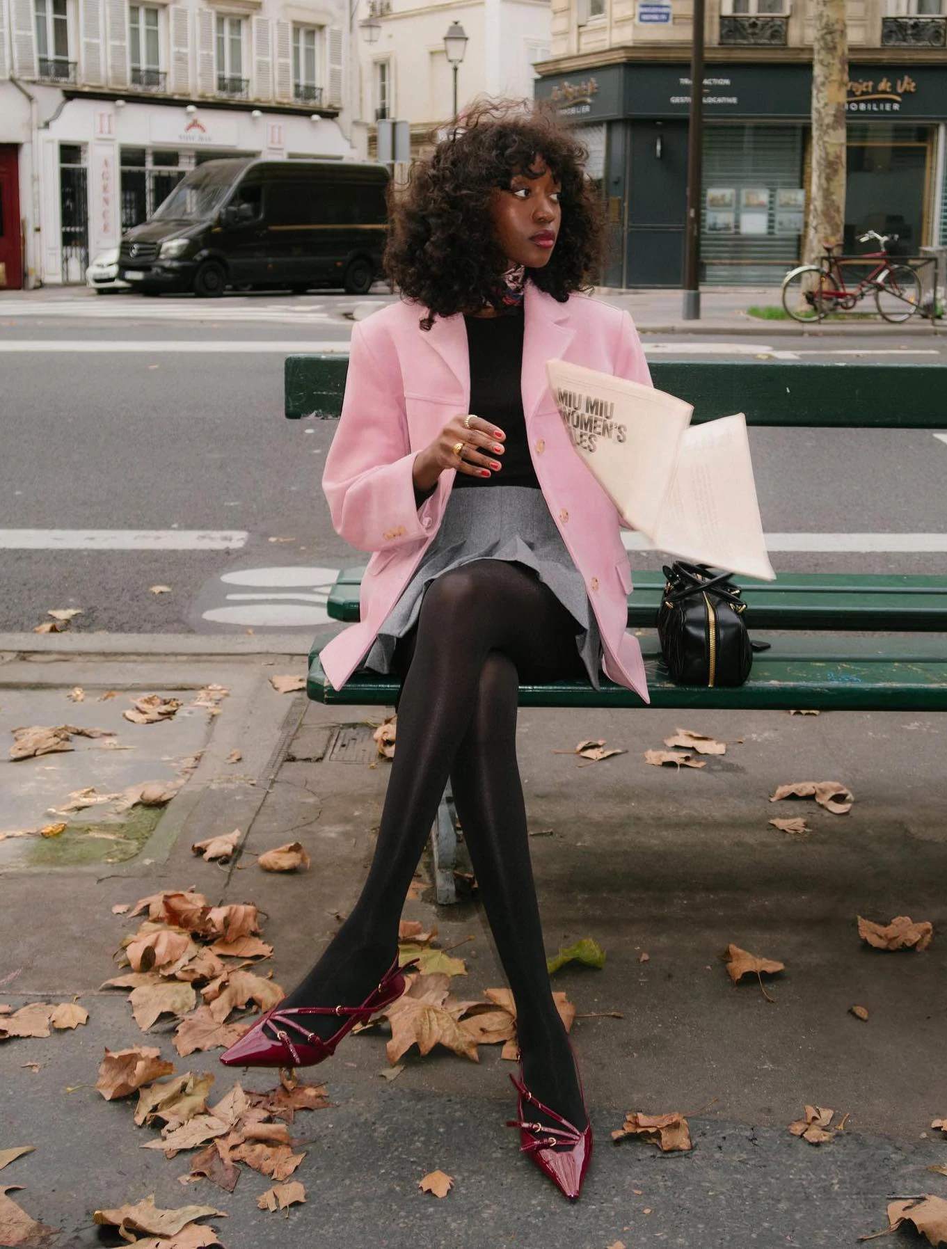Pink Blazer Outfit with Mini Skirt and Tights