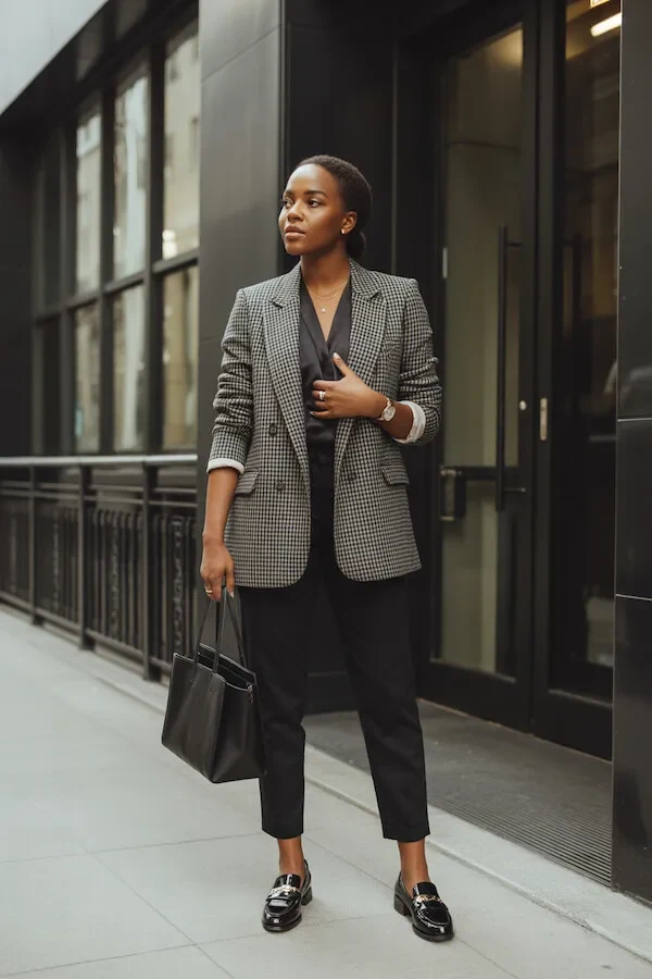 Houndstooth Blazer Black Trousers Loafers Work Outfit