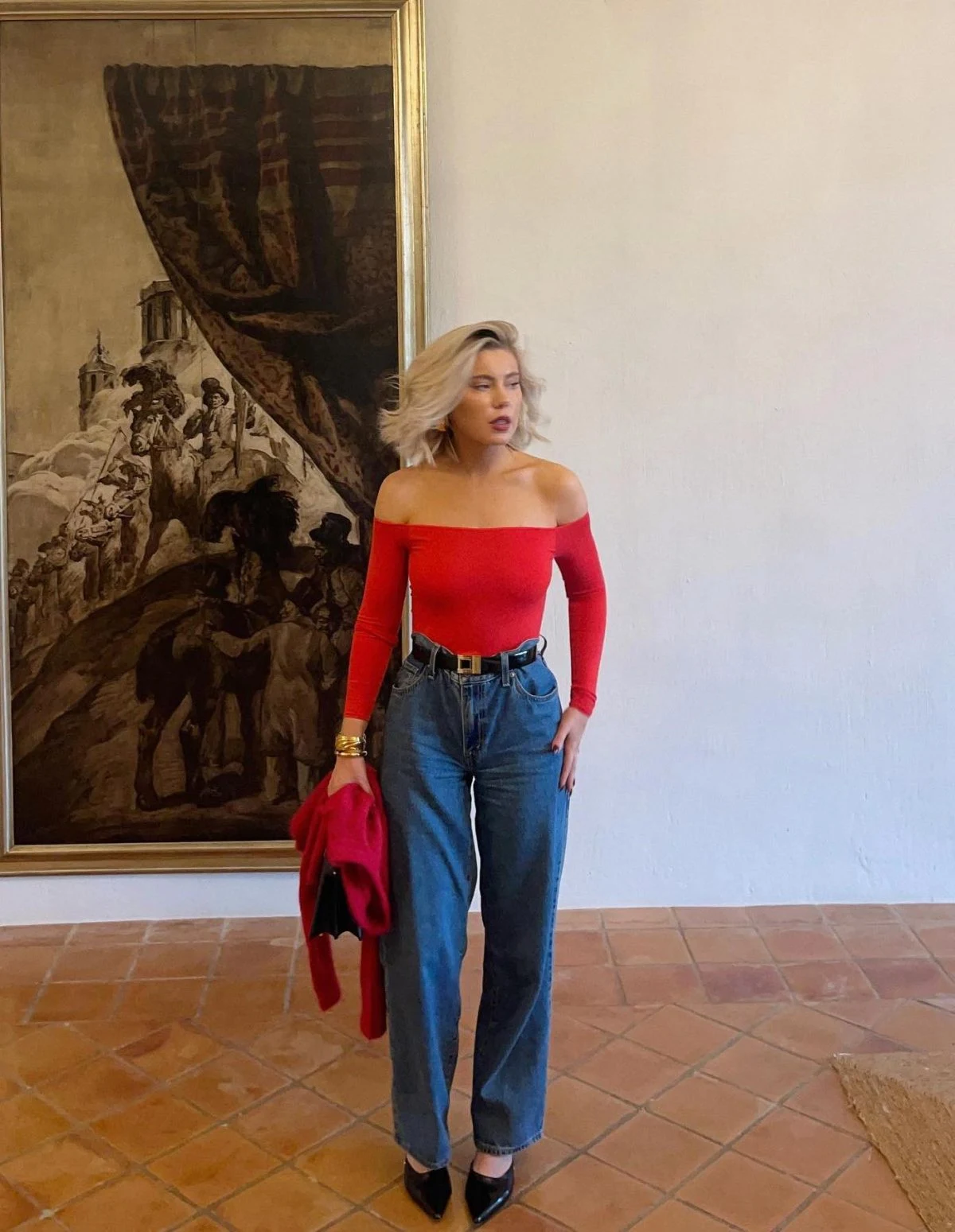 Red Off-Shoulder Bodysuit Wide-Leg Jeans Outfit