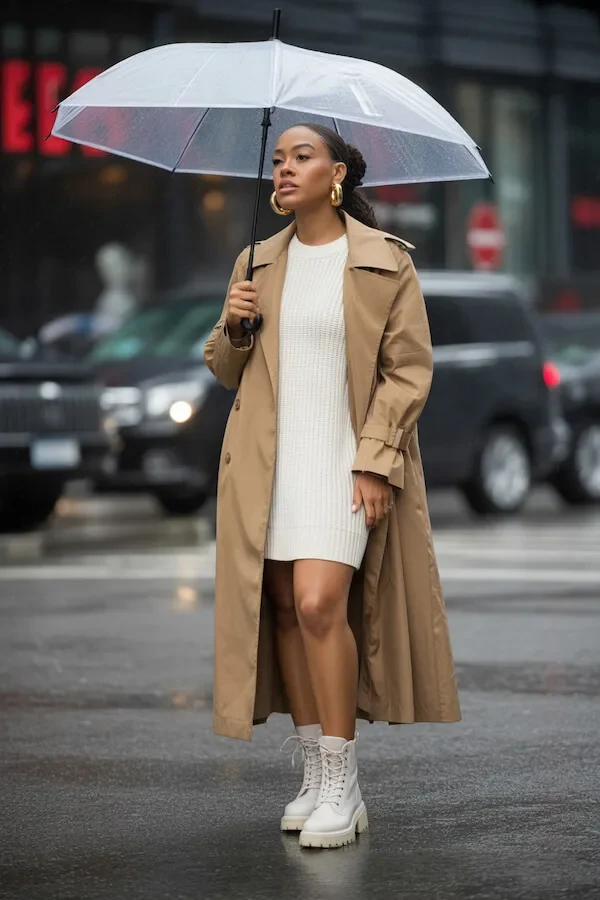 Camel Trench Coat White Knit Dress Outfit with Platform Boots