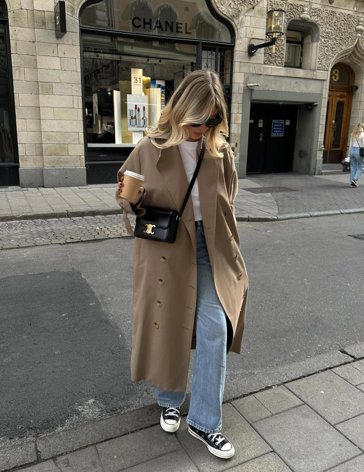 Camel Coat White Tee Wide-Leg Jeans Outfit