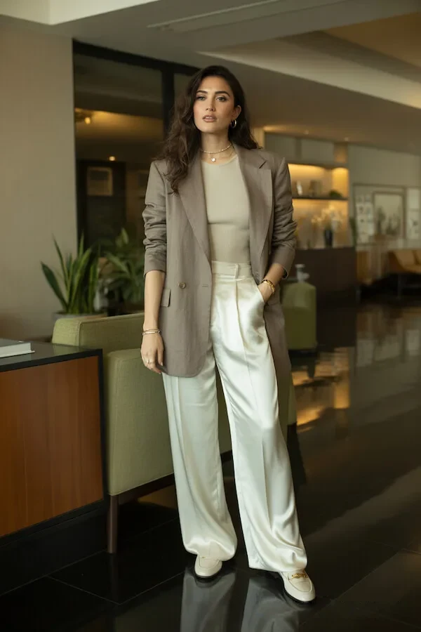 Taupe Blazer White Wide-Leg Trousers Outfit with Cream Knit