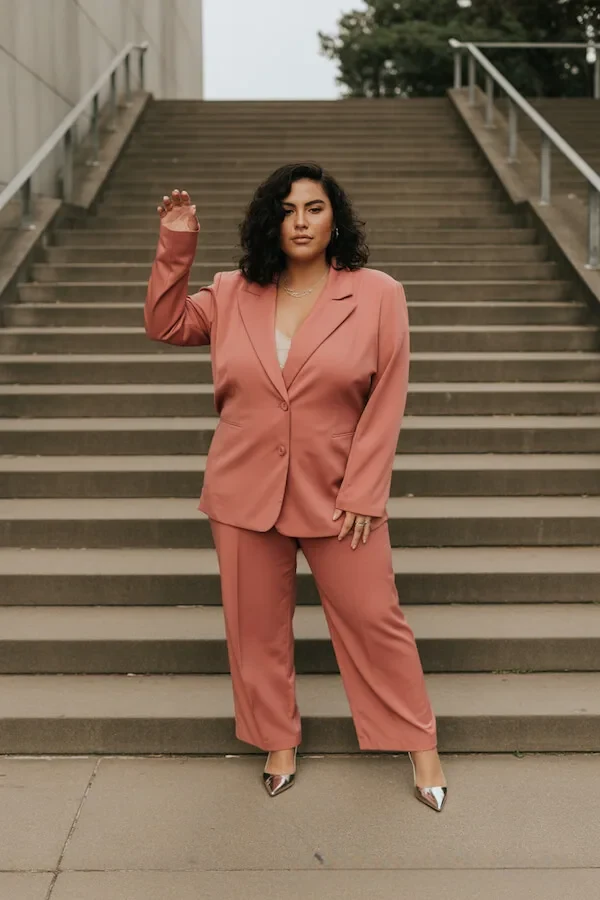 Coral Pink Tailored Blazer and Wide-Leg Trouser Suit with Metallic Heels
