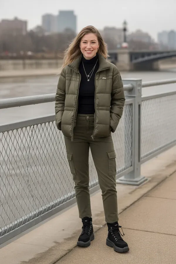 Olive Puffer Jacket Outfit with Black Turtleneck and Cargo Trousers