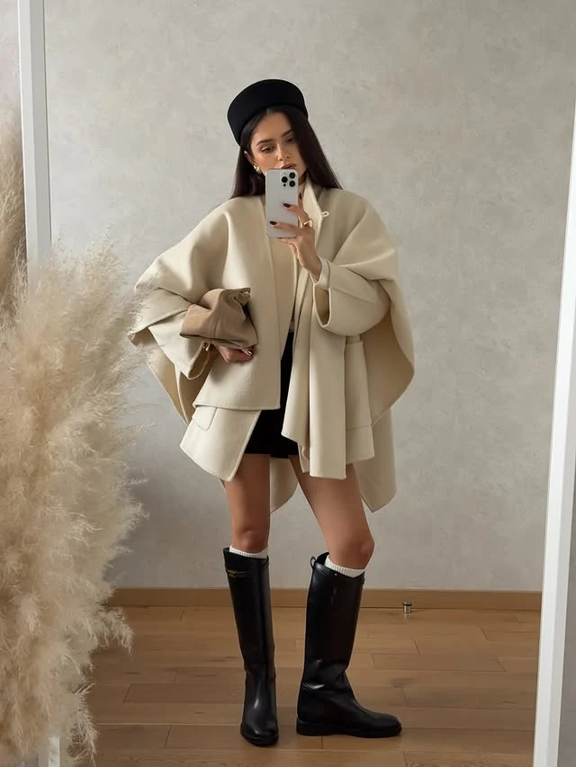 Cream Cape Jacket Outfit with Black Mini Skirt and Knee Boots