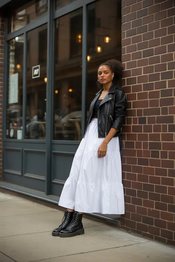 Black Leather Jacket White Dress Combat Boots Outfit