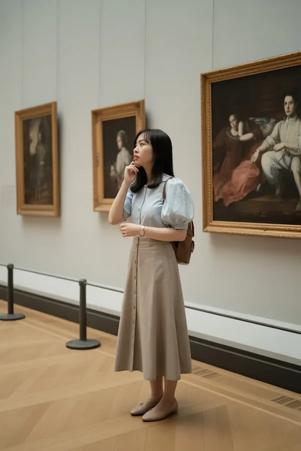 Blue Puff Sleeve Blouse with Beige Midi Skirt Museum Outfit
