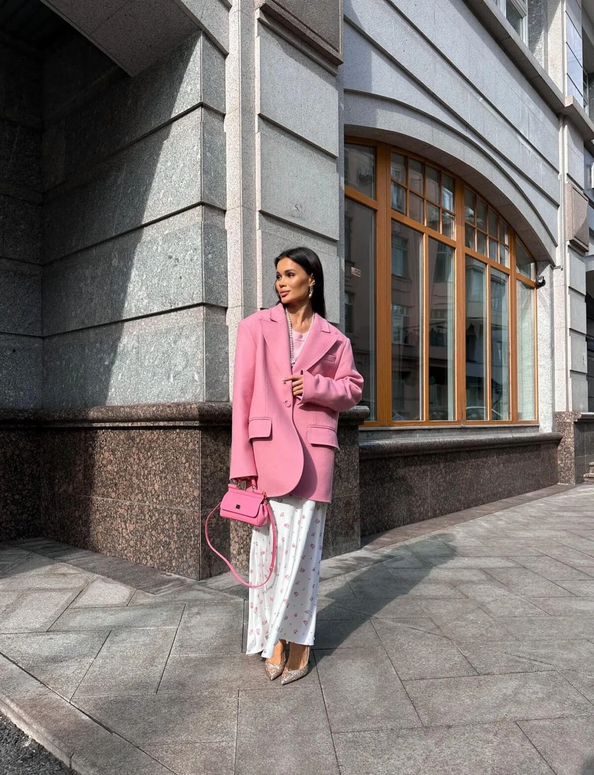 Pink Oversized Blazer White Floral Trousers Outfit
