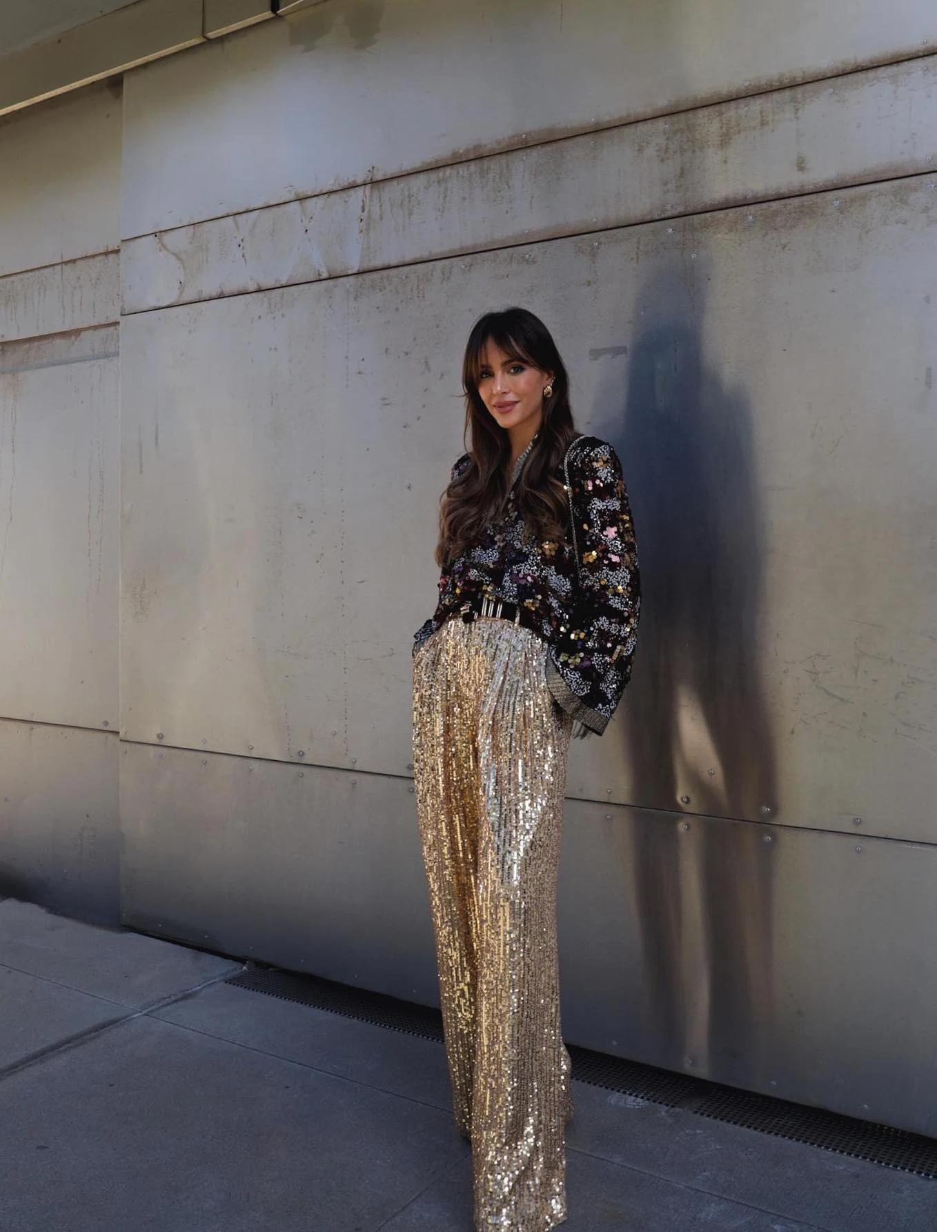 Black Sequin Bomber Jacket Gold Sequin Trousers Outfit
